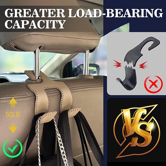 Upgraded Headrest Hooks for Purses and Bags, 2 in 1 Car Back Seat Head Rest Hanger Matching Cars Interior Genuine Leather Vehicle Storage Holder Hook, 1 Pack, Brown