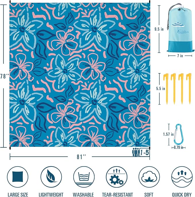 Famstar Beach Blanket Sandproof Waterproof 78''×81''1-5 Adults Oversized,Compact Lightweight Durable Beach Mat for Travel Camping Hiking Picnic Blanket