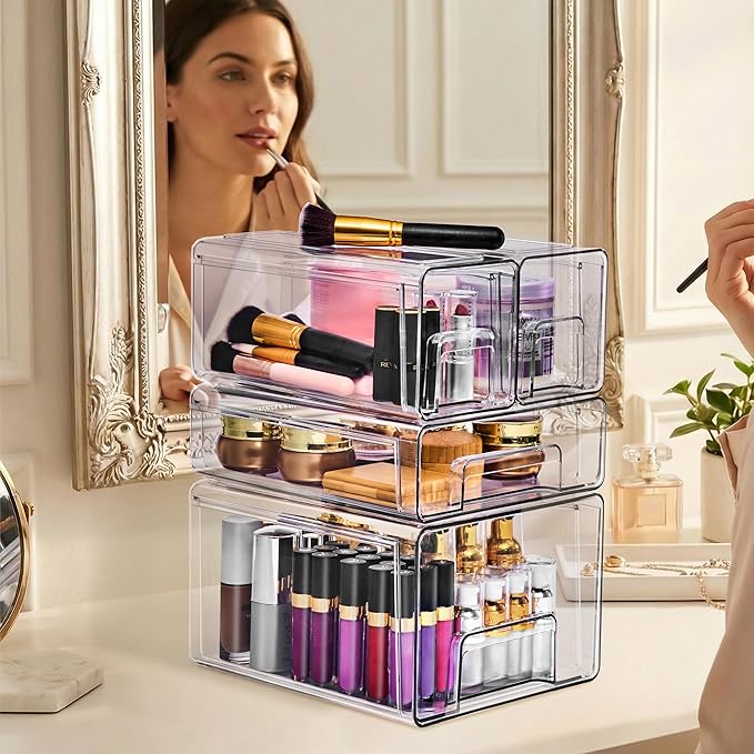 Sorbus Clear Stackable Storage Drawers, 4-Piece Set – 1 Large, 1 Medium & 2 Small Pull-Out Plastic Organizer Bins with Handles for Bathroom, Closet, Pantry, Cabinet & Medicine Storage