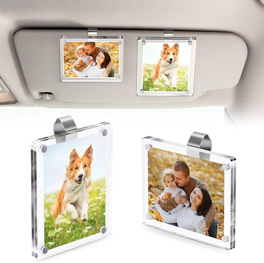 2Pcs Car Visor Photo Clip, 3"x 3.5" Magnetic Square Picture Frame for Car Sun Visor – Clear Acrylic Display for Family or Pet Photos, Easy Clip-On Photo Holder for Car Interior, Auto Accessories Gift for Drivers Mother's Day,Father's Day