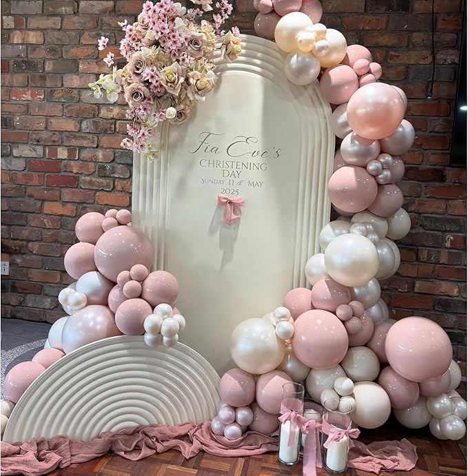 Pink and White Balloons, 12 Inch Double Stuffed Pearl Dusty Blush Baby Light Pink Cream Clear Latex Balloons for Girls Women Boho Bachelorette Wedding Princess Baby Shower Birthday Party Decorations