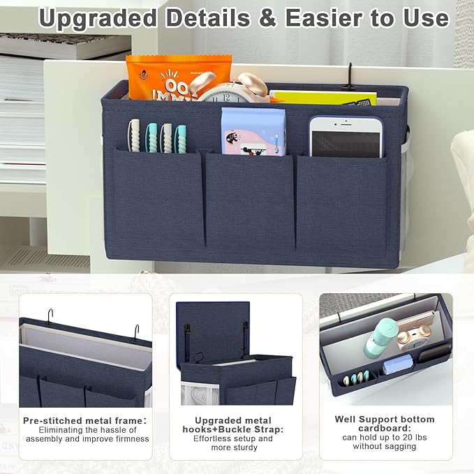 Dual-purpose Bedside Caddy Bedside Organizer, Bed Caddy with 6 Pockets, Versatile Bedside Storage Solution Magazine Remotes holder, ideal for Home, Dorm, Hospital, Crib Bed (Navy)