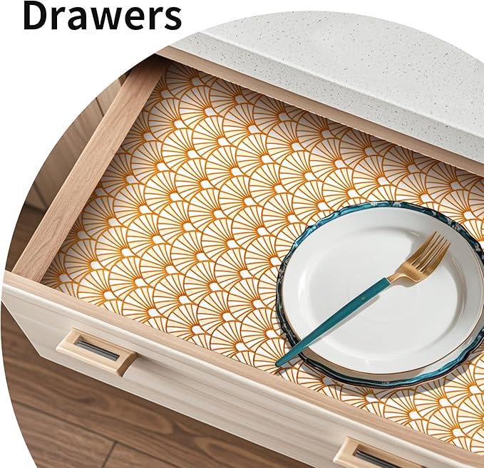 Shelf and Drawer Liner for Kitchen Cabinet,Non-Adhesive Waterproof Oil-Proof Easy Clean Shelf Liner for Dresser & Bathroom Vanities with Adhesive Dots & Cutting Tool(12 in X 30 Ft Gold Fish Scale)