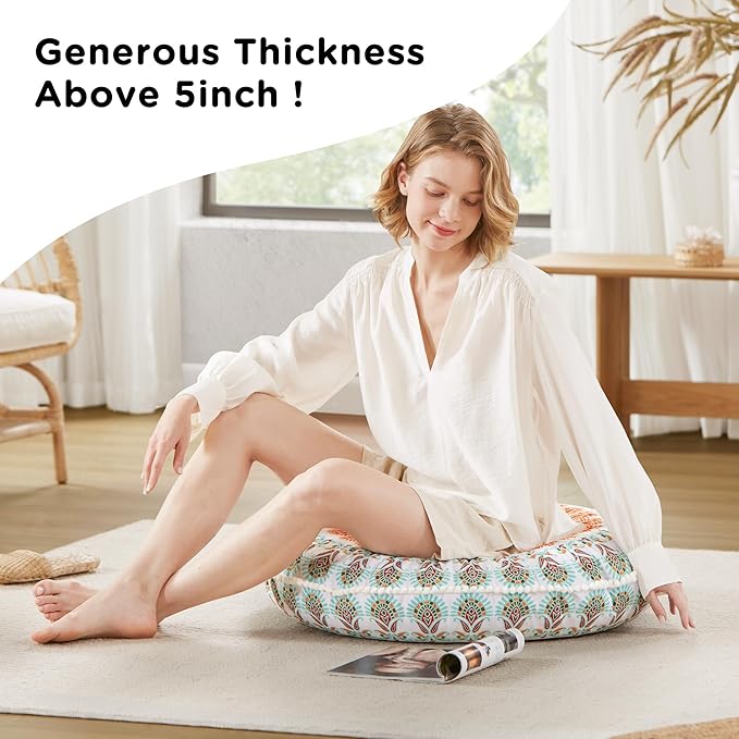 Codi Floor Pillows for Adults Set of 2, Large Boho Meditation Cushions with Memory Foam, Round Mandala Seating for Outdoor Yoga and Living Room, Washable, 32 Inch, Coral