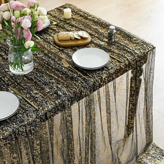 Horaldaily Black Gold Gauze Tablecloth 60x120 Inch Rectangular, Golden Sequin Glitter Metallic Foil, Sheer Tulle Cheesecloth for Wedding Baby Shower Ceremony Birthday