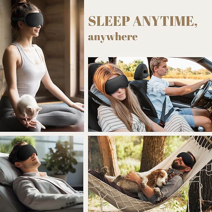 Sleep Mask for Men Women - 100% Blackout Eye Masks for Sleep, Zero Pressure 3D Sleeping Mask, Adjustable Light Blocking Eye Cover Blindfold for Travel, Nap, Night Work, Office - Black