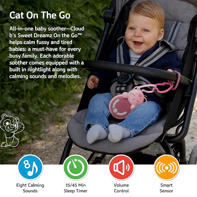 Cloud b Travel Comforting Sound Machine w/Calming Light | 4 White Noise and 4 Lullabies | Re-Activating Smart Sensor | Sweet Dreamz On The Go™ - Cat
