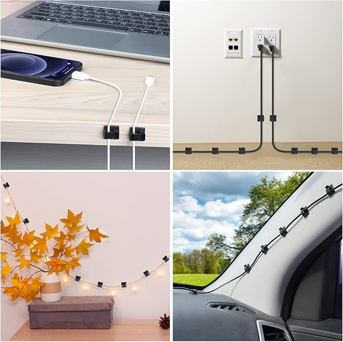 120 PCS Cable Clips, Adhesive Cord Clips for Wires on Wall, Strong Wire Clip Holders Cord Organizer for Cable Management, Christmas Lights, USB, Phone Charger, Cat 6, Car Dash Cam (Large, Black)
