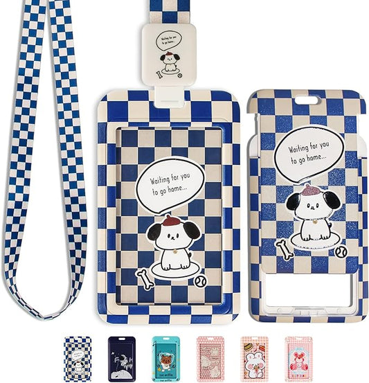 Cute ID Badge Holder with Clip Badge Reels and Lanyards with Badge Reel with 15 inches Pull Cord for School, Teacher, Student, Women, Men (Puppy)