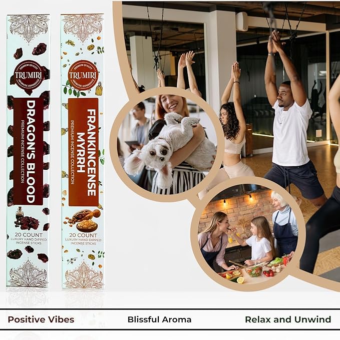 Trumiri Incense Sticks - Combo Pack of 40 Insence-Sticks - 20 Dragons Blood + 20 Frankincense Myrrh - Insenses - Insents - Incents - Inscense - Incence - Incienso - All Natural Incense Sticks