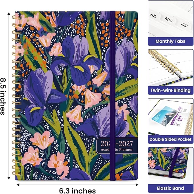 Planner 2026-2027, Academic Year Monthly and Weekly Calendar Planner, Jul 2026 - Jun 2027, Hardcover Teacher Student Planning Agenda book with Tabs, Perfect for School Office Supplies, 6.3" x 8.5" - Petal Rhythm