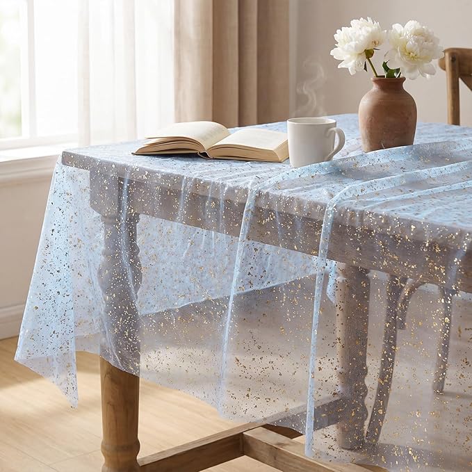 Horaldaily Blue Gold Gauze Tablecloth 60x104 Inch Rectangular, Golden Sequin Glitter Metallic Foil, Sheer Tulle Cheesecloth for Wedding Baby Shower Ceremony Birthday