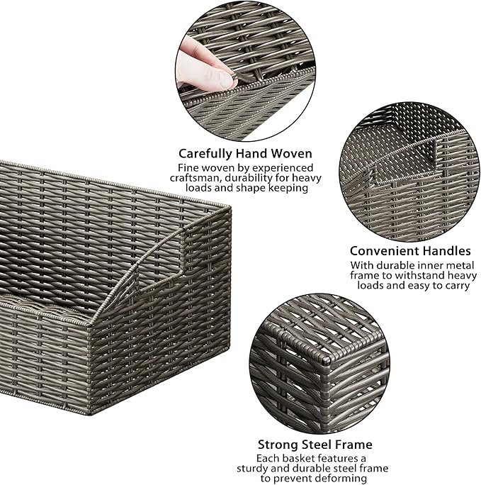 Ollieroo Rattan Storage Baskets, Handwoven Wicker Storage Bins with Built-in Handles, Storage Container Baskets for Shelves, Bedroom, Bathroom, Laundry Room or Kitchen (Grey)