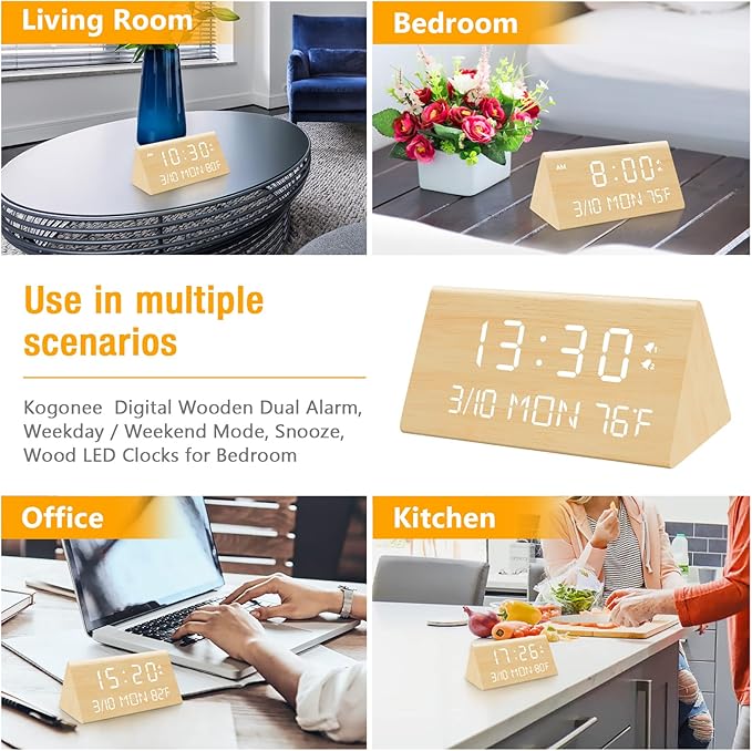 Kogonee Wooden Digital Alarm Clock, 0-100% Dimmer, 2 Alarm Settings, Weekday/Everyday Mode, 9 Mins Snooze, 12/24H, Temperature and Date Display for Office, Travel, Bedroom Alarm Clock (Bamboo)