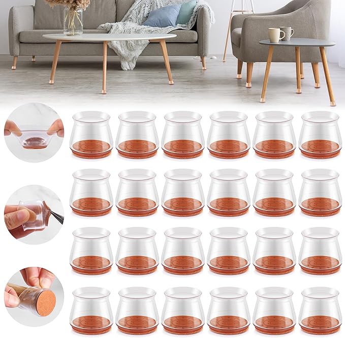 Violibar Upgraded Silicone Chair Leg Floor Protectors for Hardwood Floors, Furniture Sliders, Felt Bottom Furniture Pads, Round&Square Cap Covers to Prevent Scratches and Reduce Noise, Transparent, 24pcs