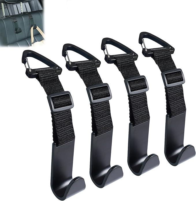 Amooca Headrest Hooks for Car, Adjustable 4 Pack Vehicle Seat Back Organizer Storage Hanger Holder for Purse Bags, Universal Fit with Clip, Black