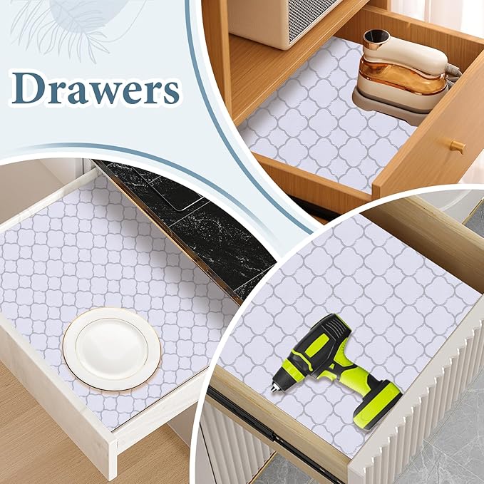 Shelf Drawer Liners for Kitchen Cabinets Non Adhesive Drawer Liner Thickened Refrigerator Liner Silver Quatrefoil Strong Non-Slip Paper for Tool Box with Knife and Tape Measure,11.8 x 118 Inches