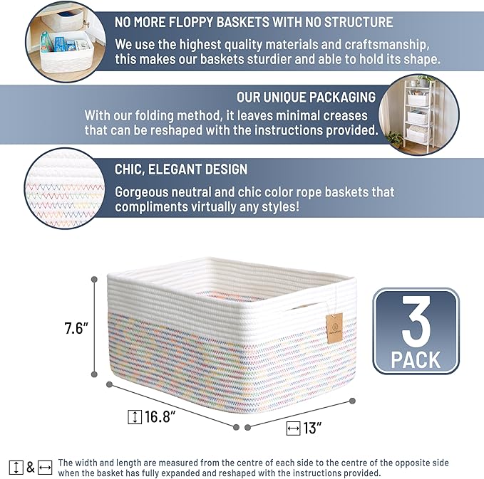 NaturalCozy Storage Baskets 16.8”x13”x7.6” Cotton Rope Woven Baskets for Organizing, 3-Pack | Toy Storage Bins | Basket for Shelves, Laundry, Blanket, Clothes, Closet, Kitchen, Bathroom, Gifts