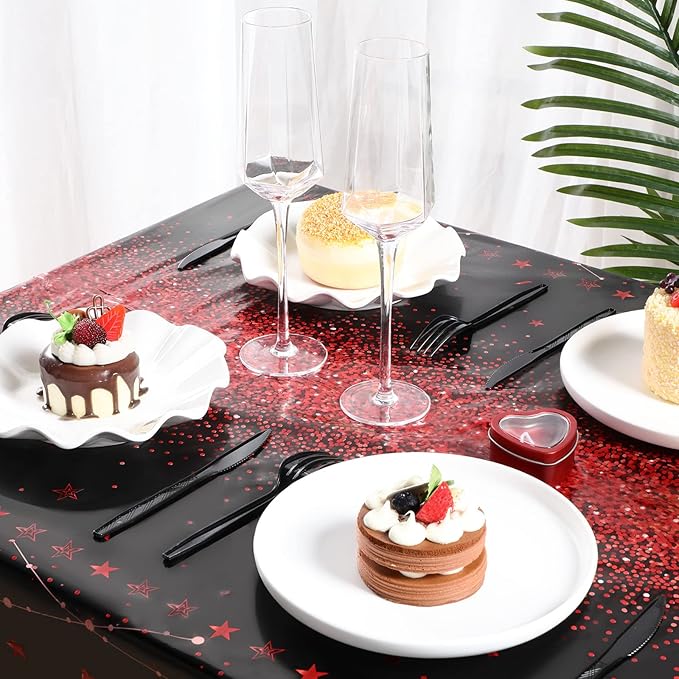 Tudomro 6 Pcs Happy Birthday Tablecloths Happy Birthday Party Decorations Plastic Table Cover Rectangular Cloths for Women Men Baby Shower Party Supplies, 108 x 54 Inch (Black Red)