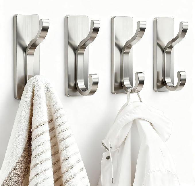 pickpiff Wall Hooks with Adhesive Strip - Easy to Remove, No Residue, Strong Heavy Duty Sticky Towel Hook, 8 Pack Silver
