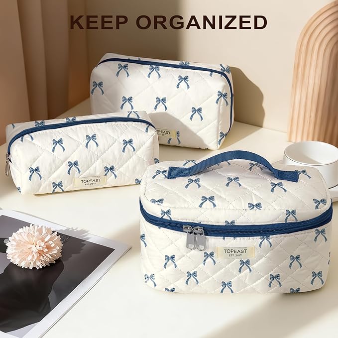 TOPEAST Travel Makeup for Women Girl, 3Pcs Large Cute Quilted Makeup Bag Organizer for Purse, Portable Big Cosmetic Brush Pouch with Zipper Compartment, Blue Bow