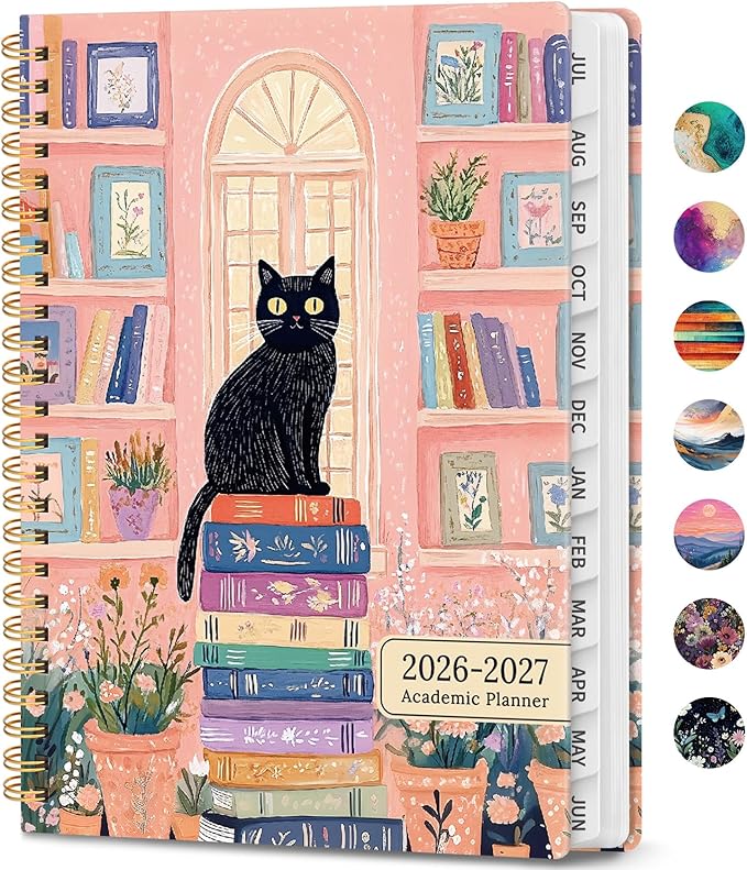 Academic Planner 2026-2027, Weekly and Monthly Calendar Book, July 2026 – June 2027, Hardcover Planner with Tabs, Perfect for Teachers, Students, Women & Men, A5 (6.4" x 8.5") - Cat