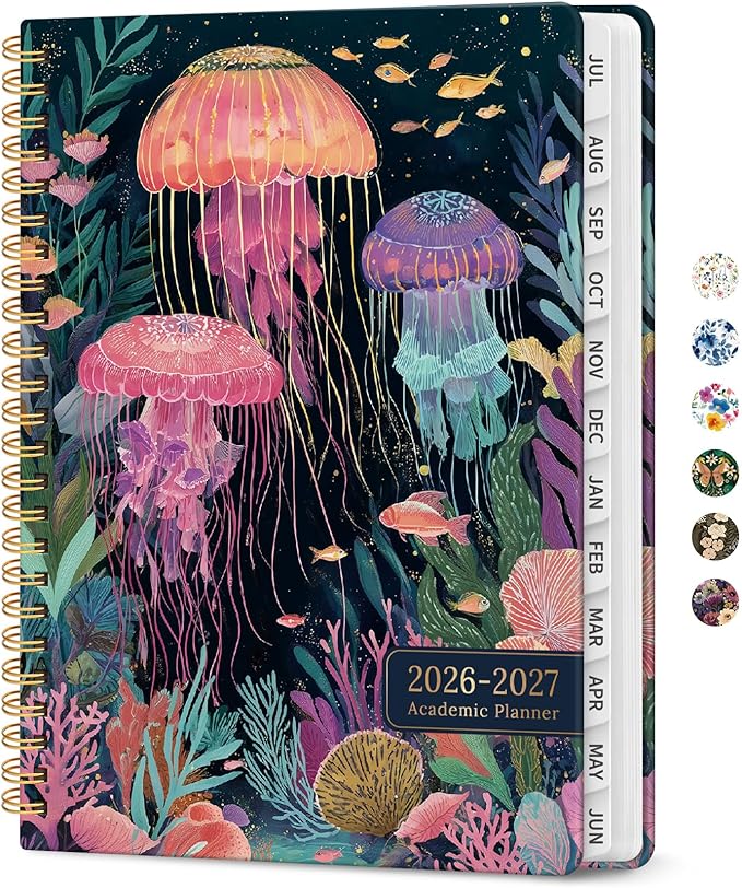 Planner 2026-2027, Academic Year Monthly and Weekly Calendar Planner, Jul 2026 - Jun 2027, Hardcover Teacher Student Planning Agenda book with Tabs, Perfect for School Office Supplies, 6.3" x 8.5" - Jellyfish