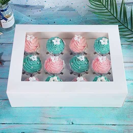 ONE MORE 15-Pack White Cupcake Boxes 12 Holders Cake Carrier Food Grade Pop-up Bakery Boxes 13.8 x 9.5 x 4inch with Inserts and PVC Windows Fits 12 Cavity Cupcake Pack of 15