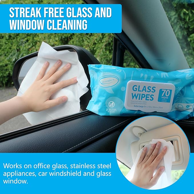 Air Jungles Glass and Window Cleaner Wipes 70 Count (Pack of 3), Extra Large 8" x 10" Size Cleaning Wipes for Car Windshield, Headlight, Mirror, Tile and Home Glass Surface