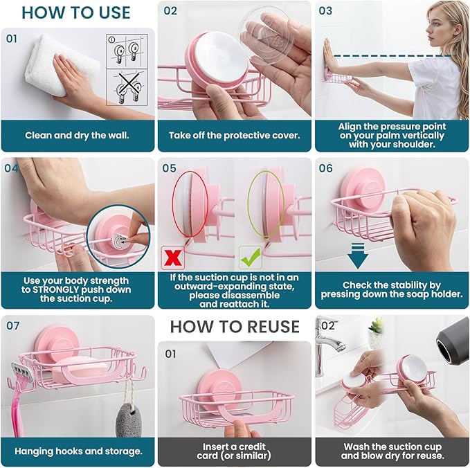 TAILI Soap Bar Holder Dish with Hooks, Shower Soap Tray Saver Suction Cup with Razor Holder for Wall, Rustproof Stainless Steel Bath Shampoo Caddy for Bathroom Accessories Organizer, Pink