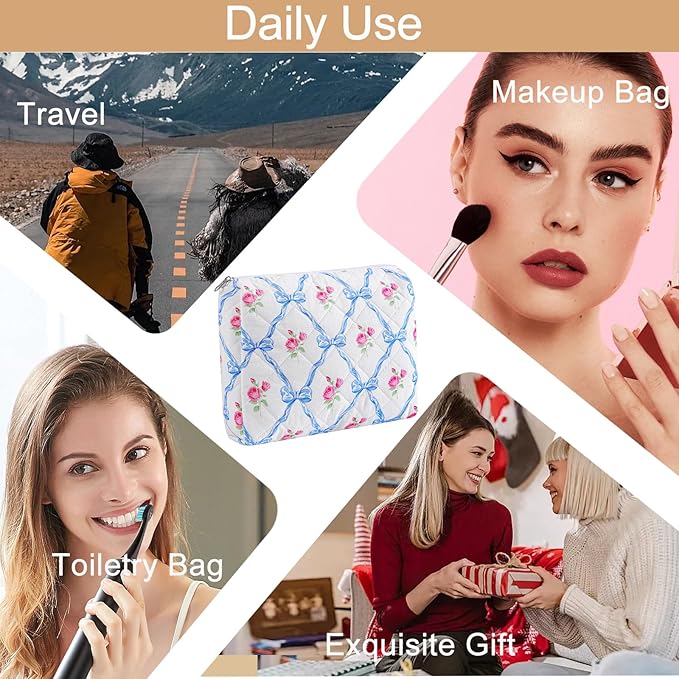 HHQQWZ Makeup Bag Travel Cosmetic Bag for Women Girls, Zipper Make Up Pouch, Floral Flowers Toiletry Organizer Makeup, Portable Storage Cosmetic Travel Cloth Bag (L/Blue Bowknot)