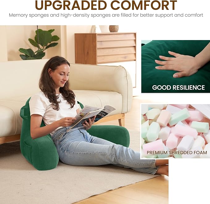 Portable Comfy Reading Pillows for Bed Sitting Up(Green Oeko-Tex), Velvet Back Pillow with Arms & Pockets for Adults, Support Memory Foam Bed Pillow for Dorm/Reading/Watching/Gaming