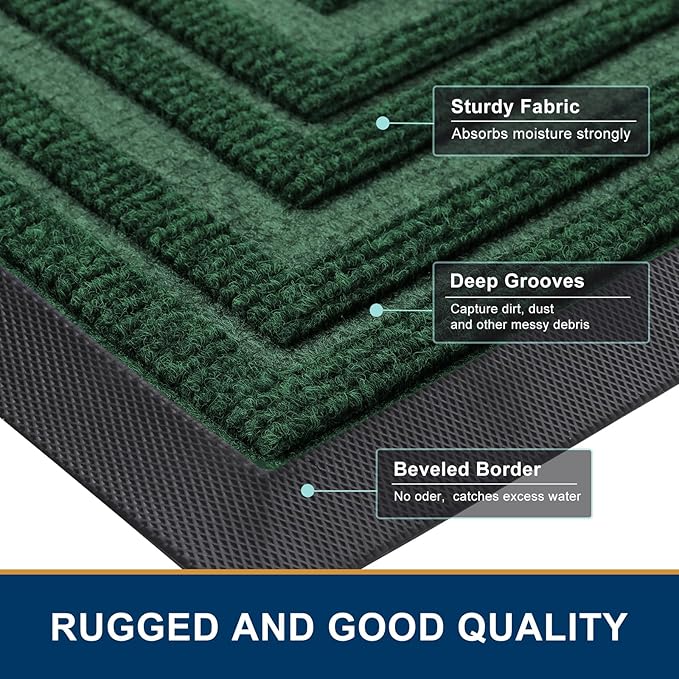 Buganda Front Door Mat Indoor Outdoor Entrance, Non-Slip Natural Rubber Doormats, Easy Clean, Low Profile, Dirt Trapper Entryway Floor Mats for Outside, Garages and Patios, 29.5x17, Green