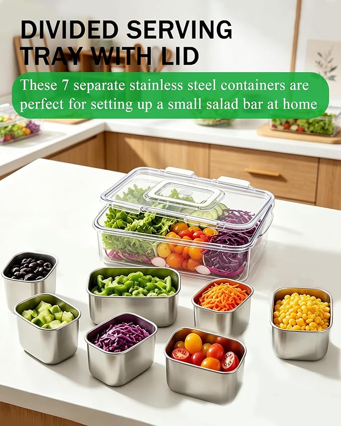 Snackle Box Container, Stainless Steel Divided Serving Tray with Lid and Handle, Large Snack Tray for Fruit Veggie Candy, 7-Compartment Snack Platter for Travel Party Beach Picnic