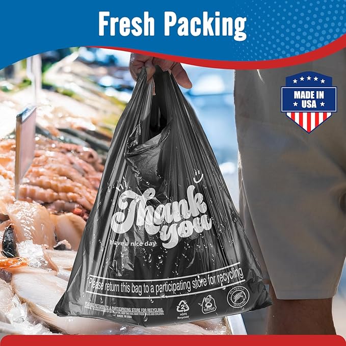 Fuxury 1000 Count Thank You Plastic Bags Black (11.5" x 6.5" x 21"), T-shirt, Grocery, Take Out, To Go, Restaurants, Retail Shopping Bags in Bulk for Small Business (Made in USA)