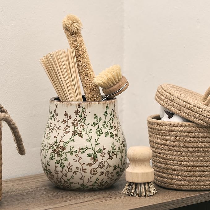 JIEMEI HOME Kitchen Utensil Holder, 6.3" Ceramic Rustic Utensil Crock for Countertop, Farmhouse Cooking Tool Organizer, Spatula Holder For Kitchen Decor, Green and Brown Floral