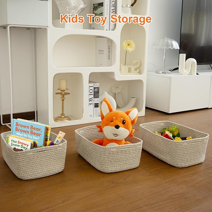 Ordn2Ordn Small Storage Baskets for Organizing, Woven Storage Bins for Shelves, Gift Basket Empty, Cute Decorative Closet Organizer, Baby Rope Basket, Dog Toy Storage, 12.6x8.2x5”, 3Packs Mixed Brown