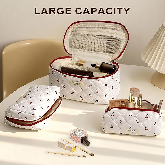 TOPEAST Christmas Gifts for Women Girls - 3Pcs Travel Makeup Bag Large Cotton Quilted Make Up Brush Bags, Portable Cute Cosmetic Bag Sets Machine Washable Toiletry Pouch, Cherry