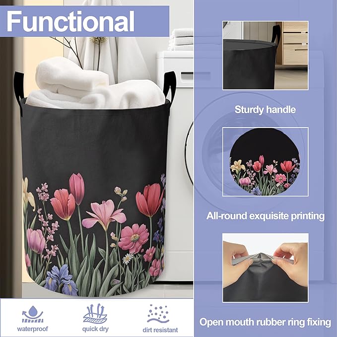 Spring Flowers Laundry Hamper Large Canvas Fabric Lightweight Storage Basket/Dirty Clothes Collapsible Waterproof for College Dorms, Boys and Girls Bedroom,Bathroom