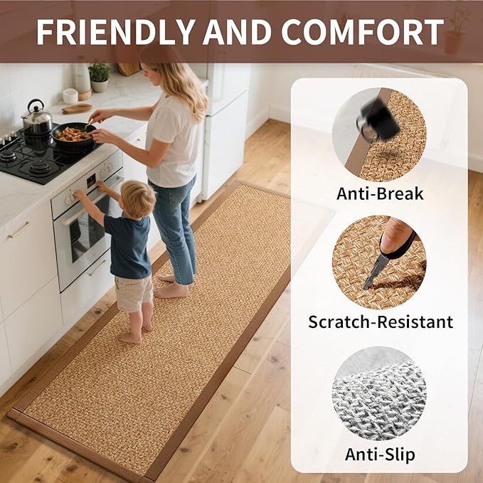 YDKGL Kitchen Rugs Non Slip Washable, Super Absorbent Kitchen Mats for Floor, Rubber Backing Jute-Like Braid Kitchen Sink Mat Runner Rug Standing Floor Mat, Easy to Clean, Brown 17"x47"