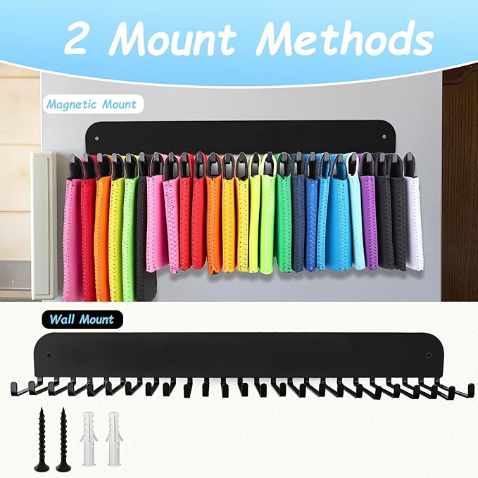 Can Cooler Sleeves Holder Magnetic for Fridge, Beer Sleeves Dispenser Organizer for Storage w/ 25 Hooks, with Screws for Wall Mounted, for Holidays Wedding Party