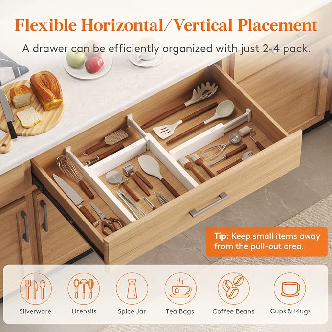Lifewit 4 Pack 2.36" High Drawer Dividers 40-56cm/16-22 Adjustable Drawer Organizer for Clothes/Utensils, Expandable Drawer Separator in Dresser/Kitchen/Bedroom/Office Organization & Storage White