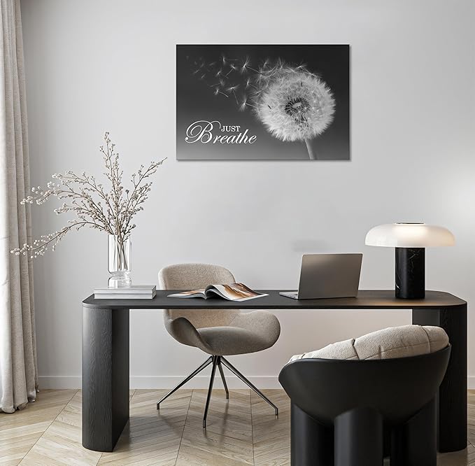 SKASNFAI Just Breathe Wall Art Zen Office Wall Decor Inspirational Yoga Quotes Positive Relax Artwork Picture Black and White Dandelion Posters Print for Meditation Room (12L x 16W)
