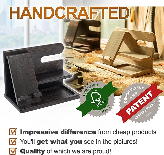TESLYAR Wood Phone Docking Station for Men - Desktop or Nightstand Organizer - Birthday Gifts for Men, Dad - Anniversary Idea from Wife - Key Holder, Stand Wallet, Watch & Essentials (Black)