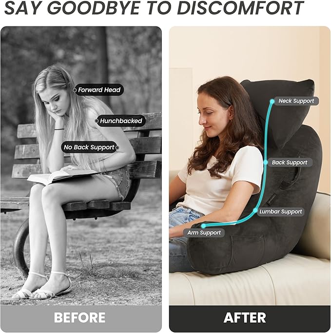 Portable Reading Pillows with Headrest for Bed Sitting Up(Grey Oeko-Tex), Velvet Back Pillow with Arms & Pockets for Adults, Support Memory Foam Bed Pillow for Dorm/Reading/Watching/Gaming