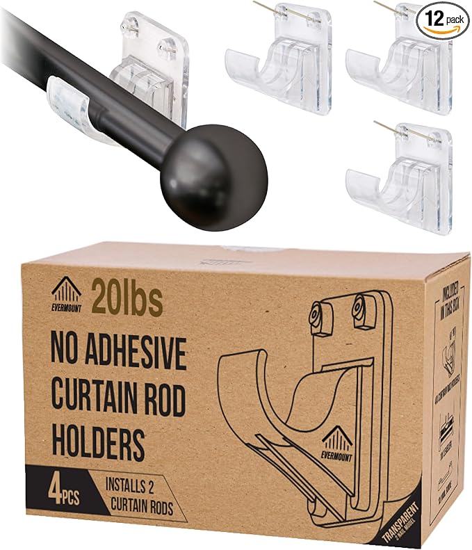 No Adhesive Heavy Duty Curtain Rod Holders with Wide Hook, 5X Stronger Than Adhesive Curtain Rod Hooks,Tension Curtain Rod Bracket for Wall with Pin Guide, Curtain Wall Mount (4 Pack, for 0.75" Rods)