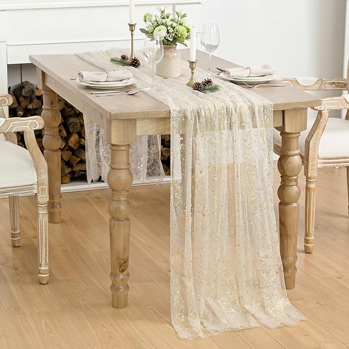 Horaldaily Apricot Gauze Tablecloth 52x70 Inch Rectangular, Golden Sequin Glitter Metallic Foil, Sheer Tulle Cheesecloth for Wedding Baby Shower Ceremony Birthday
