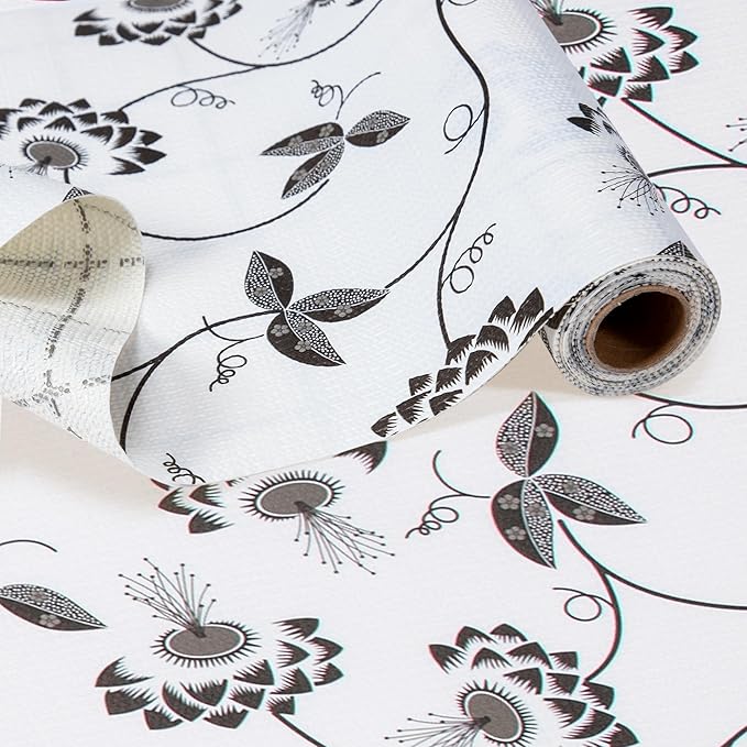 RAY STAR Shelf Liner, Non Adhesive Black Leaves Floral Cabinet Liner for Pantry Drawer, Non Slip, Shelf Liners for Kitchen Cabinets Cupboard 12 Inch x 10 FT (7 Rolls) Signature Delivery