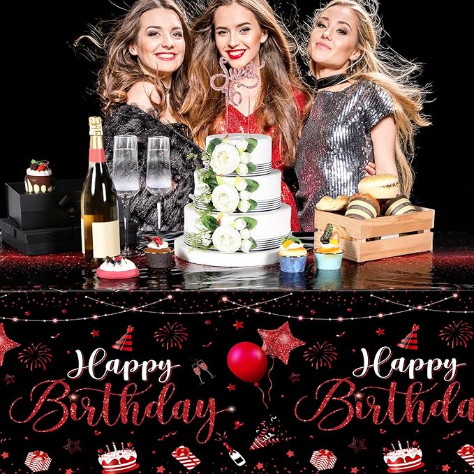 Tudomro 6 Pcs Happy Birthday Tablecloths Happy Birthday Party Decorations Plastic Table Cover Rectangular Cloths for Women Men Baby Shower Party Supplies, 108 x 54 Inch (Black Red)