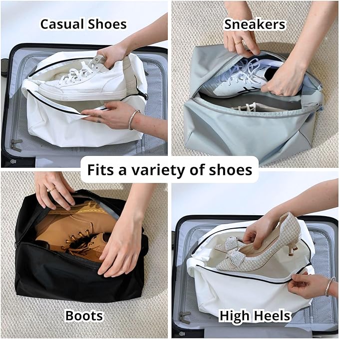 tianzong 2 Pack Double-Layer Fabric Wide-Opening Waterproof Travel Shoe Bag with Comfortable Handle (White)